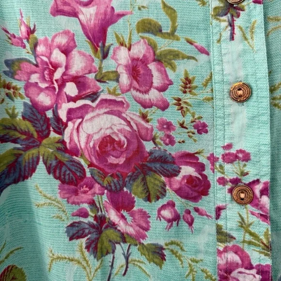 April Cornell Teal Cottage Rose Floral Print Button Down Tunic Top Boho Medium - Picture 7 of 13